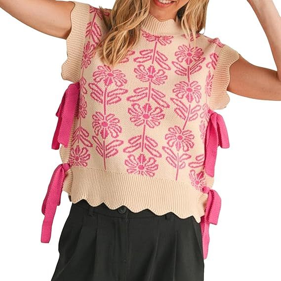 Women's Floral Side Tie Cap Sleeve Crew Neck Knit Vest（BUY 2 FREE SHIPPING)