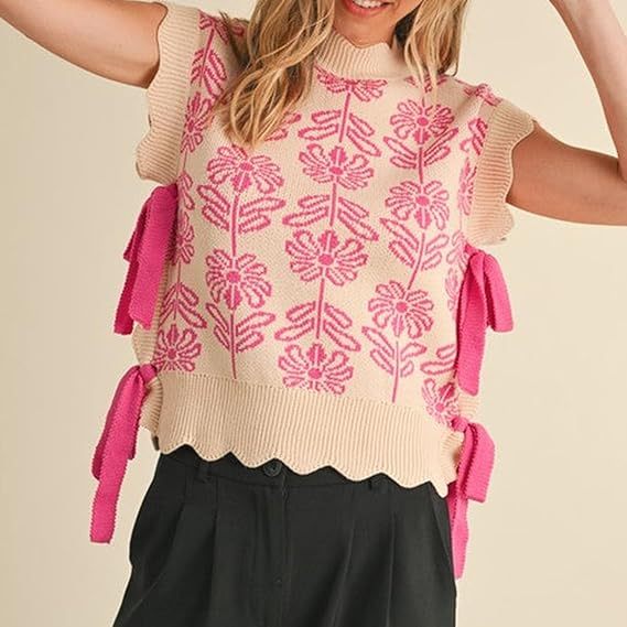 Women's Floral Side Tie Cap Sleeve Crew Neck Knit Vest（BUY 2 FREE SHIPPING)