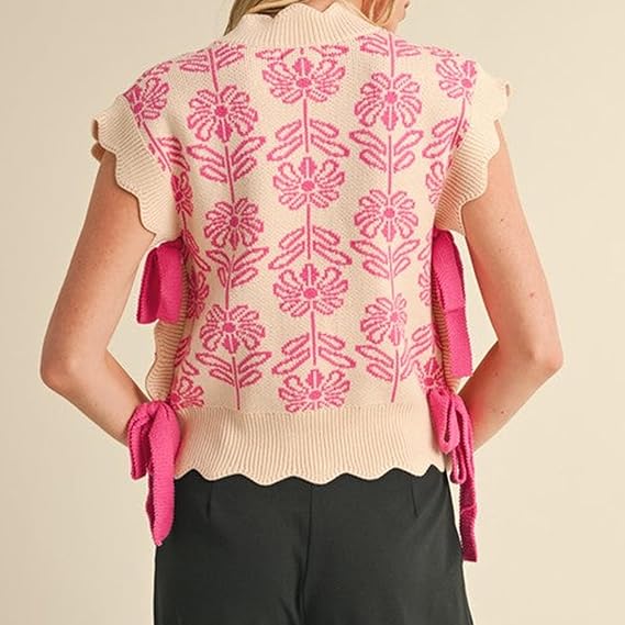 Women's Floral Side Tie Cap Sleeve Crew Neck Knit Vest（BUY 2 FREE SHIPPING)