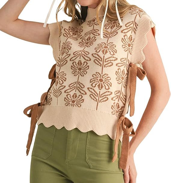 Women's Floral Side Tie Cap Sleeve Crew Neck Knit Vest（BUY 2 FREE SHIPPING)
