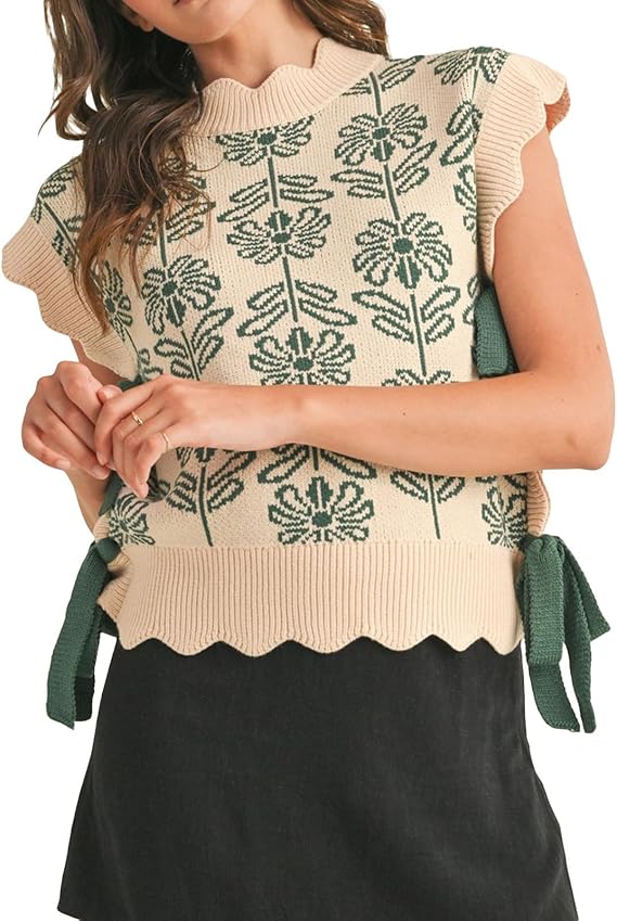 Women's Floral Side Tie Cap Sleeve Crew Neck Knit Vest（BUY 2 FREE SHIPPING)