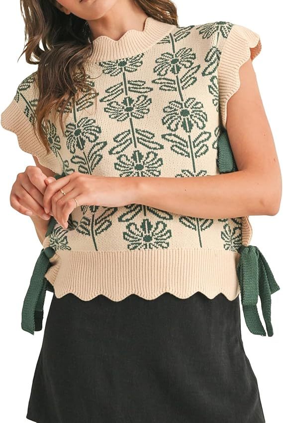 Women's Floral Side Tie Cap Sleeve Crew Neck Knit Vest（BUY 2 FREE SHIPPING)
