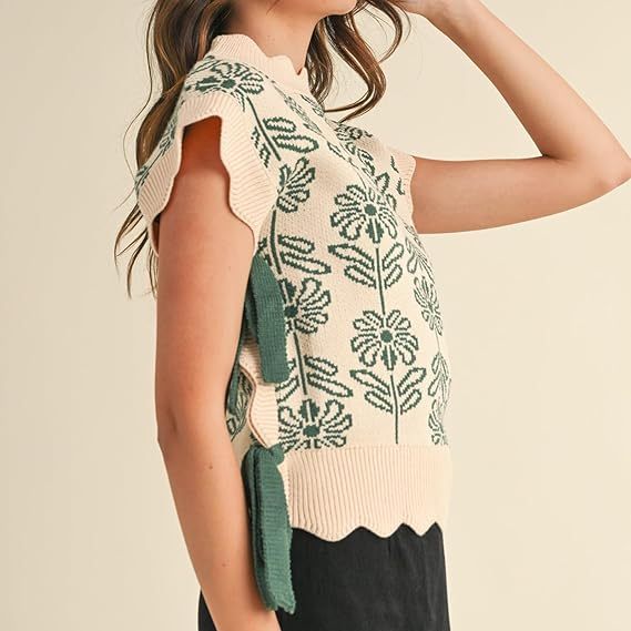 Women's Floral Side Tie Cap Sleeve Crew Neck Knit Vest（BUY 2 FREE SHIPPING)