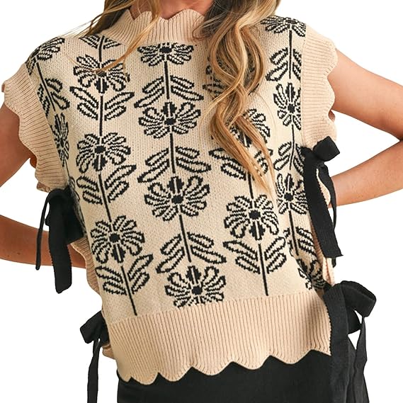 Women's Floral Side Tie Cap Sleeve Crew Neck Knit Vest（BUY 2 FREE SHIPPING)