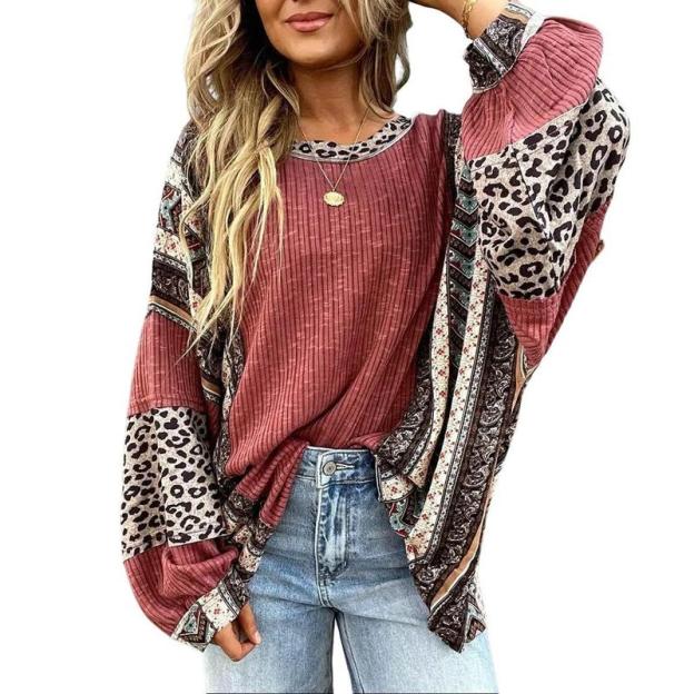 Womens Loose fit Long Sleeve Oversized Retro Leopard Contrast Patchwork Top（buy 2 free shipping)