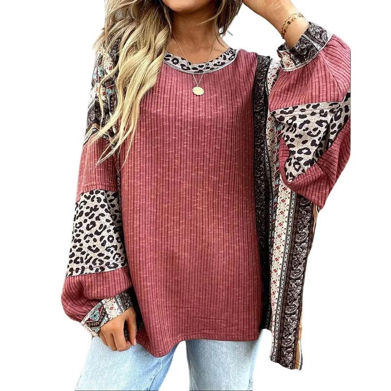 Womens Loose fit Long Sleeve Oversized Retro Leopard Contrast Patchwork Top（buy 2 free shipping)