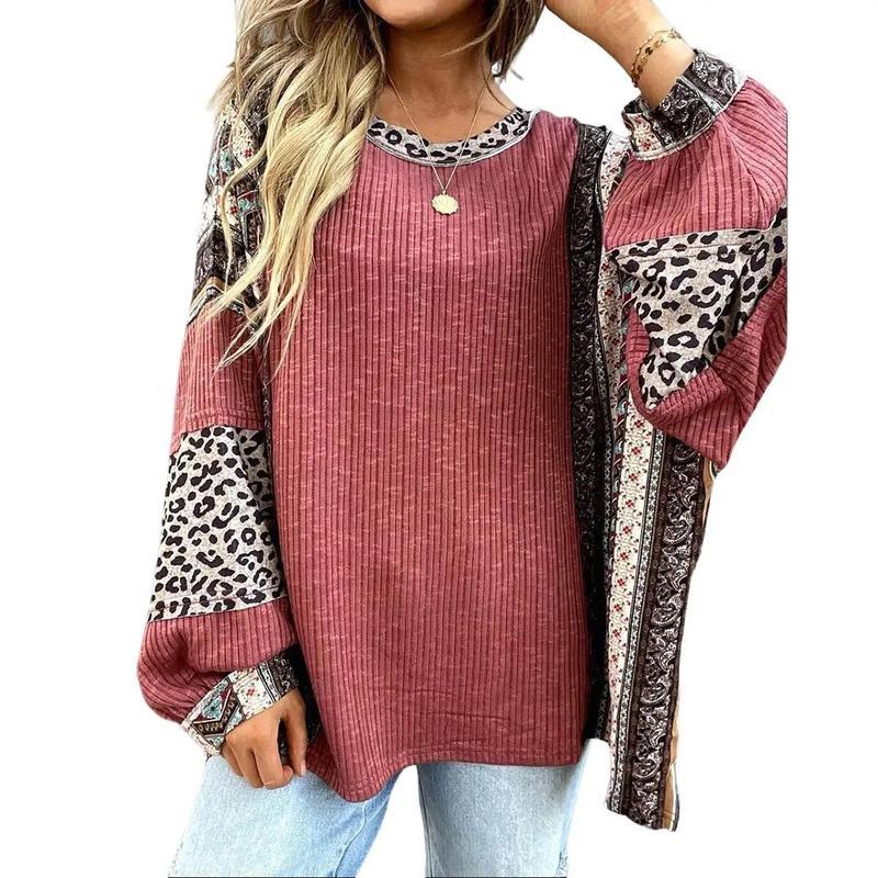 Womens Loose fit Long Sleeve Oversized Retro Leopard Contrast Patchwork Top（buy 2 free shipping)