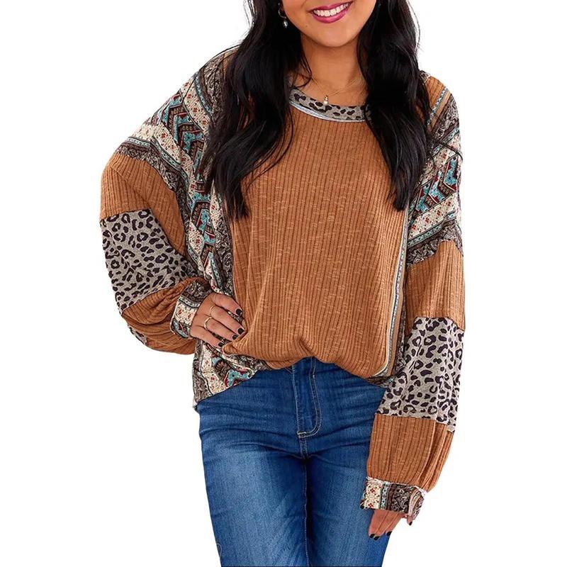 Womens Loose fit Long Sleeve Oversized Retro Leopard Contrast Patchwork Top（buy 2 free shipping)