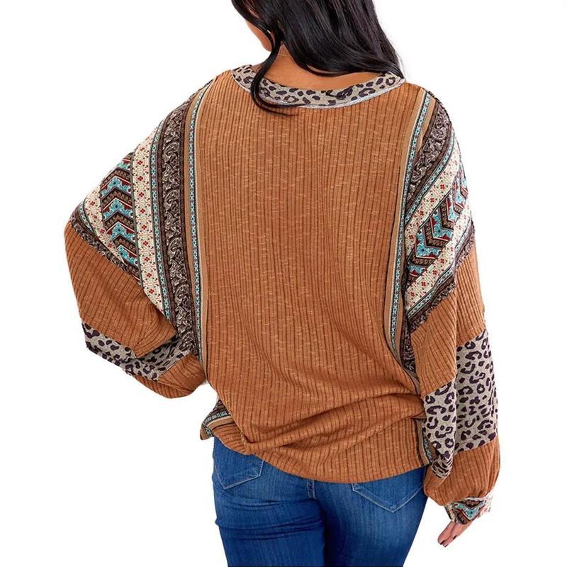 Womens Loose fit Long Sleeve Oversized Retro Leopard Contrast Patchwork Top（buy 2 free shipping)