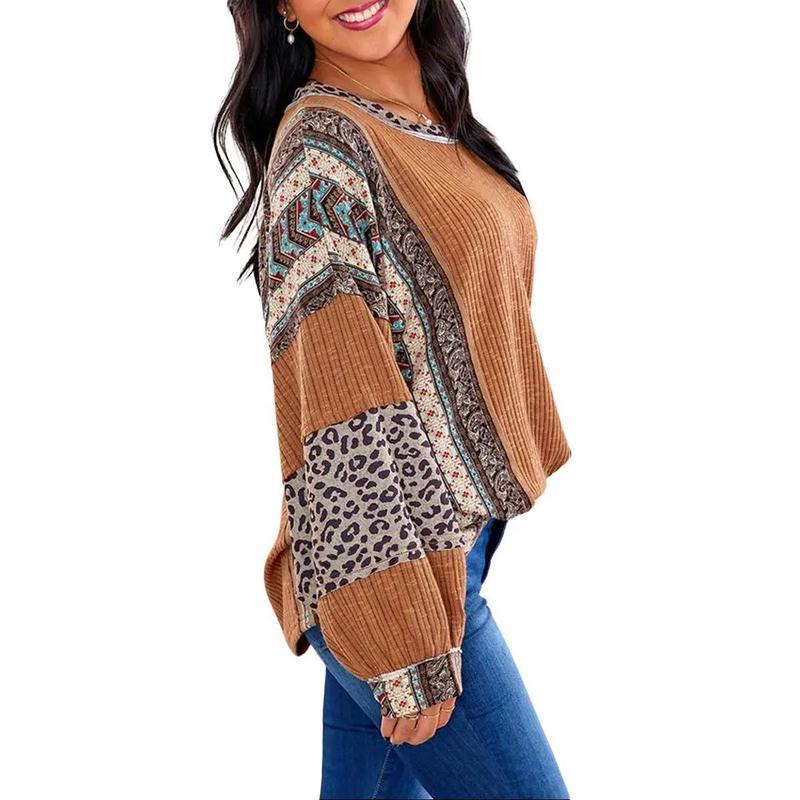 Womens Loose fit Long Sleeve Oversized Retro Leopard Contrast Patchwork Top（buy 2 free shipping)