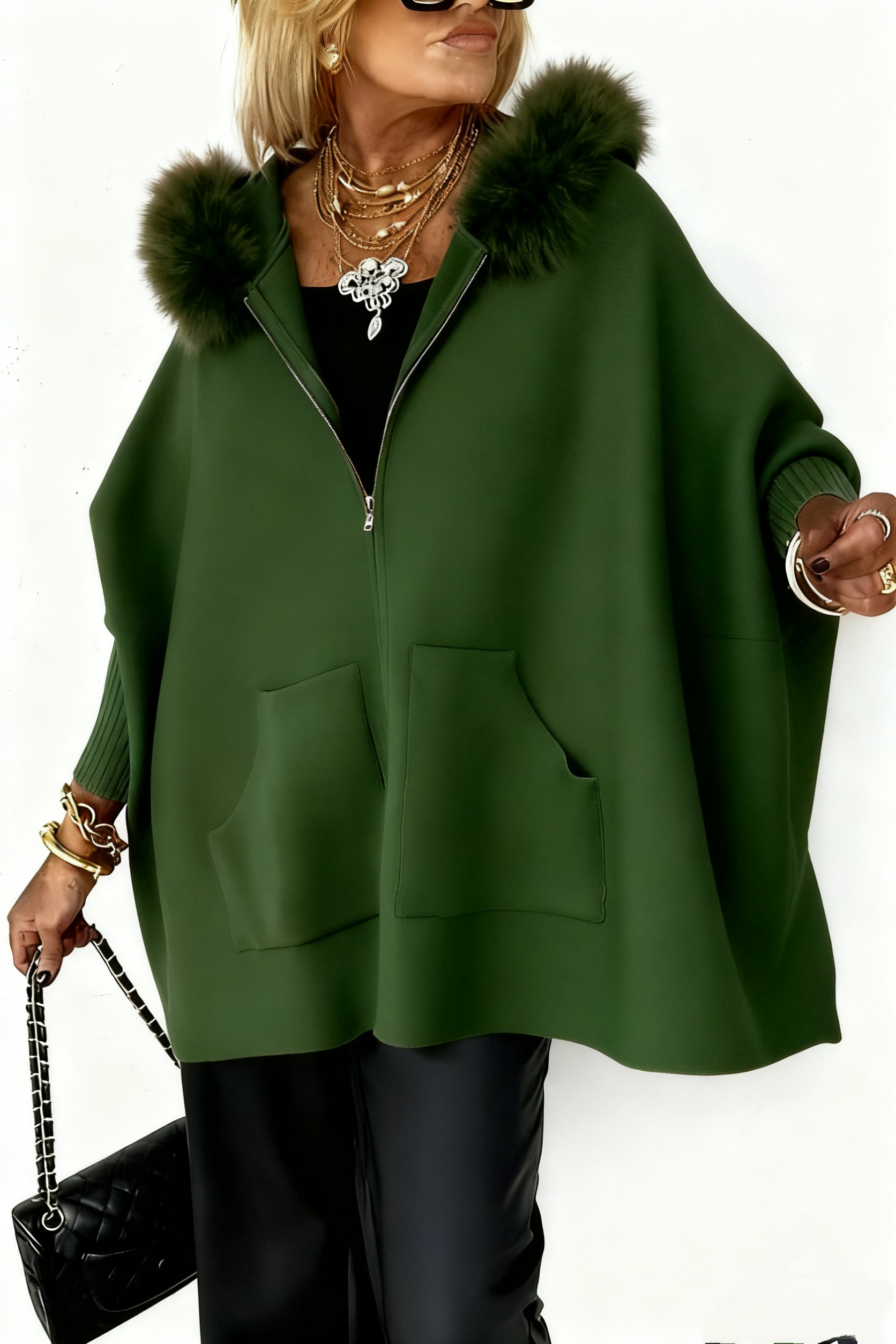 Women Fur Collar Solid Color Casual Jacket