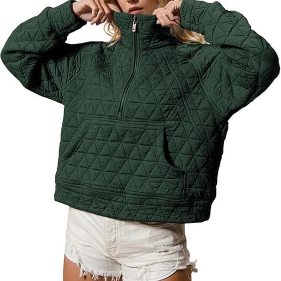 Women's Quilted Puffer Jacket Half-Zip Pullover Sweatshirt Long Sleeve Lightweight Fall Casual Oversize Warm Outerwear