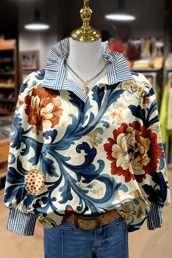 Vintage Floral Print Striped Collar Top