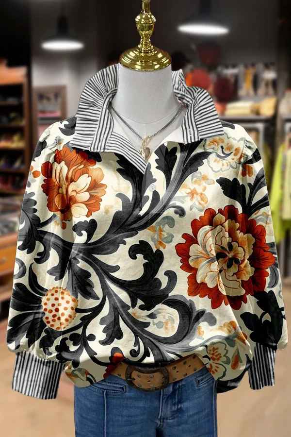 Vintage Floral Print Striped Collar Top