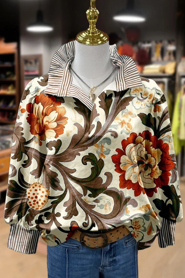 Vintage Floral Print Striped Collar Top
