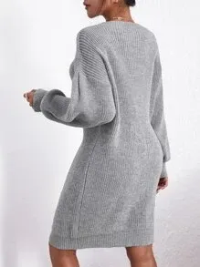 🎈Faynilla Lantern Sleeve Knit Sweater Dress – Elegant Long Sleeve Winter Midi, Soft Cozy Texture for Effortless Feminine Style！