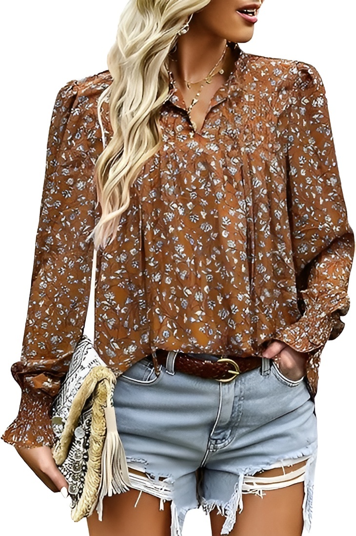 Womens Long Sleeve Tops Boho Floral Printed Blouses Casual V Neck Pleated Drawstring Peasant Shirts