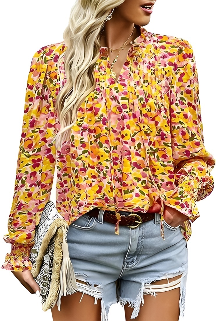 Womens Long Sleeve Tops Boho Floral Printed Blouses Casual V Neck Pleated Drawstring Peasant Shirts