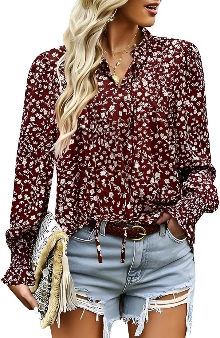 Womens Long Sleeve Tops Boho Floral Printed Blouses Casual V Neck Pleated Drawstring Peasant Shirts