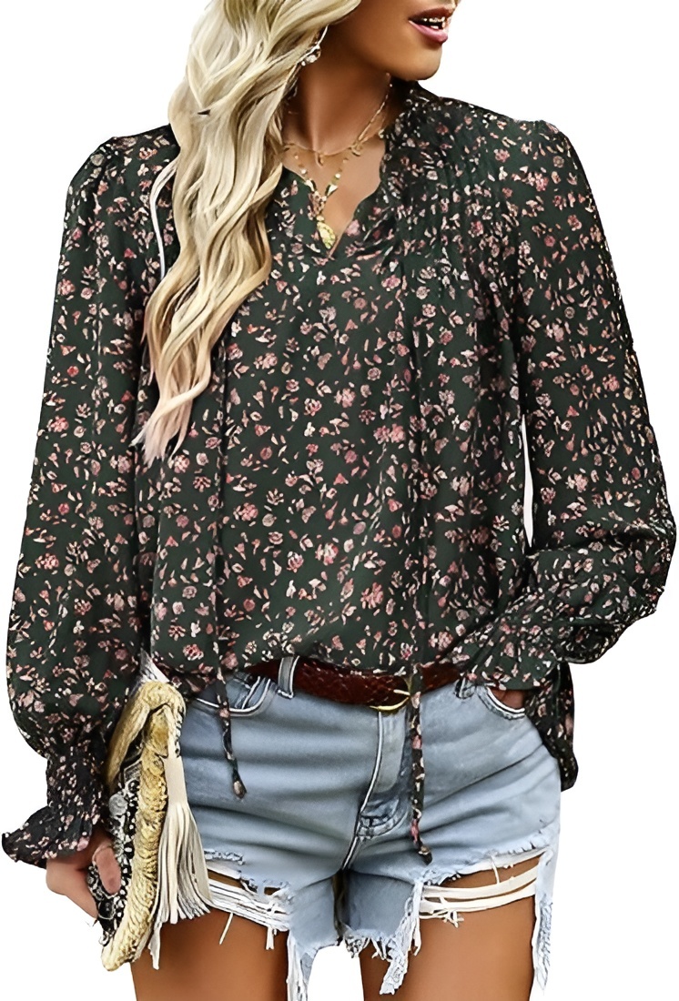 Womens Long Sleeve Tops Boho Floral Printed Blouses Casual V Neck Pleated Drawstring Peasant Shirts