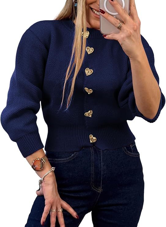 🔥Hot Sale!Faynilla  Women's Heart Cardigan Sweaters Trendy Long Sleeve Open Front Button Down Jacket Fall Clothes