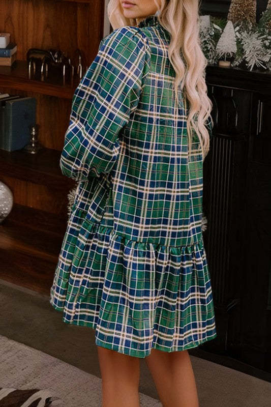 Women's Green Plaid Print Frilly Collar Elegant Long Sleeve Shift Mini Dress（BUY 2 FREE SHIPPING)