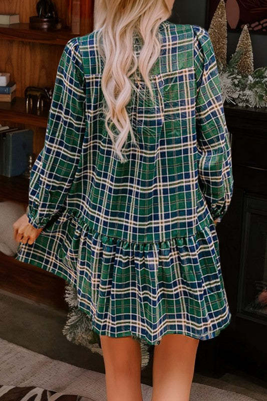 Women's Green Plaid Print Frilly Collar Elegant Long Sleeve Shift Mini Dress（BUY 2 FREE SHIPPING)
