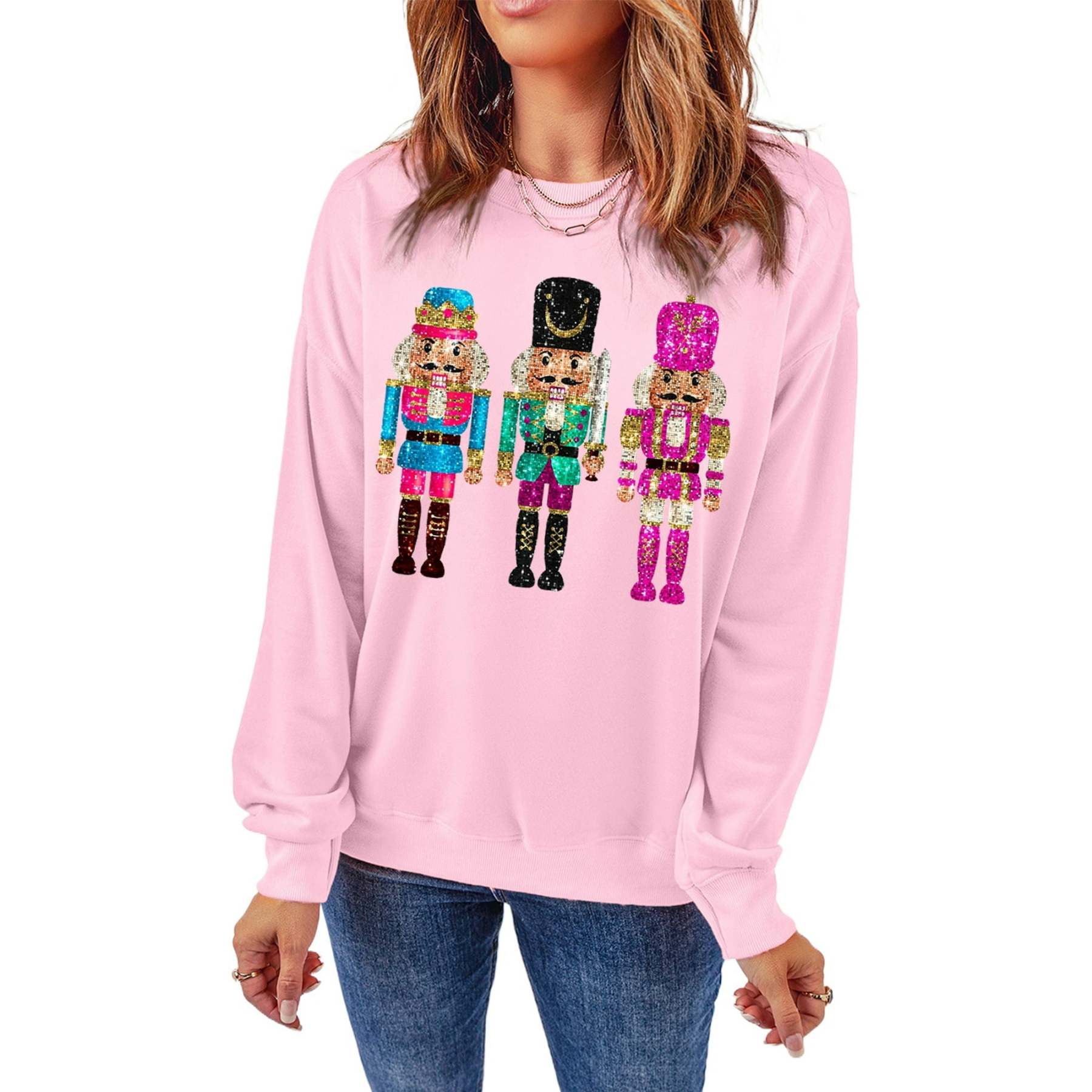 🔥🔥🔥Hot Sale!Faynilla Women's Pink Nutcracker Printed Drop Shoulder Christmas Sweatshirt🎄(BUY 2 FREE SHIPPING)