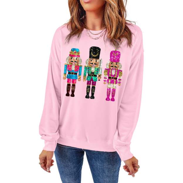 🔥🔥🔥Hot Sale!Faynilla Women's Pink Nutcracker Printed Drop Shoulder Christmas Sweatshirt🎄(BUY 2 FREE SHIPPING)