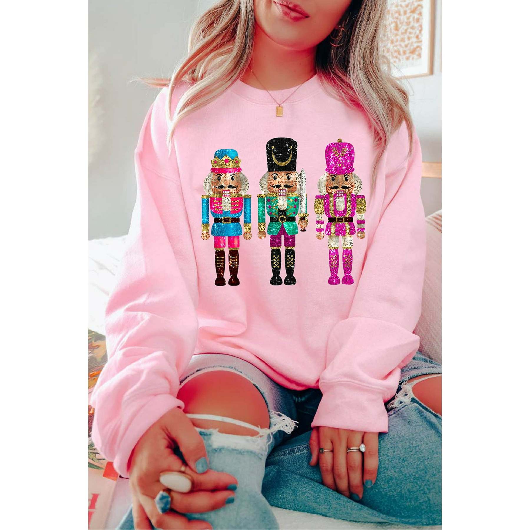 🔥🔥🔥Hot Sale!Faynilla Women's Pink Nutcracker Printed Drop Shoulder Christmas Sweatshirt🎄(BUY 2 FREE SHIPPING)