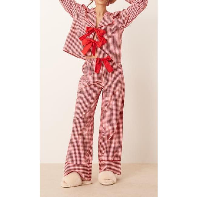 Women Ruffle Pajama Set Long Puff Sleeve Babydoll Shirt Pants Set Gingham 2 Piece Lounge Outfit Sleepwear