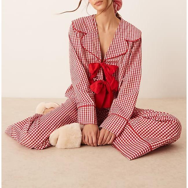 Women Ruffle Pajama Set Long Puff Sleeve Babydoll Shirt Pants Set Gingham 2 Piece Lounge Outfit Sleepwear