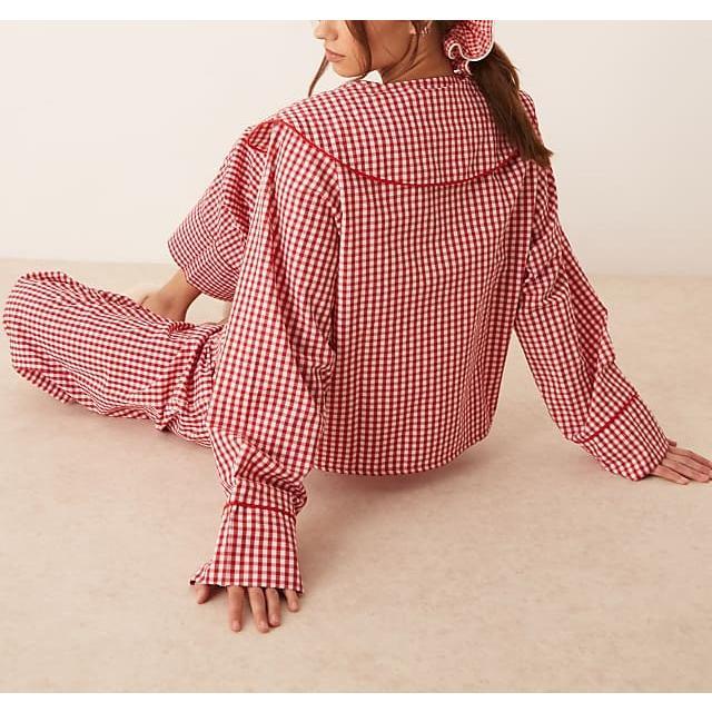 Women Ruffle Pajama Set Long Puff Sleeve Babydoll Shirt Pants Set Gingham 2 Piece Lounge Outfit Sleepwear