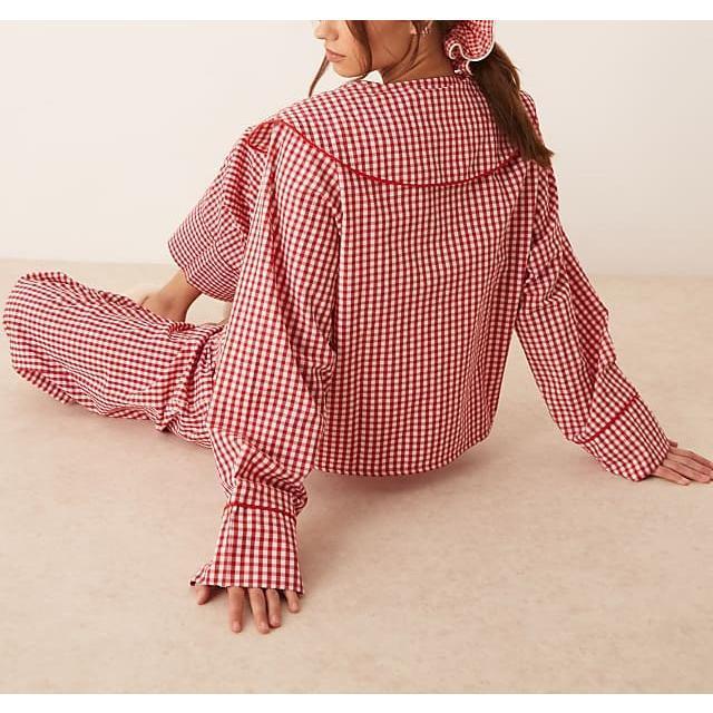 Women Ruffle Pajama Set Long Puff Sleeve Babydoll Shirt Pants Set Gingham 2 Piece Lounge Outfit Sleepwear