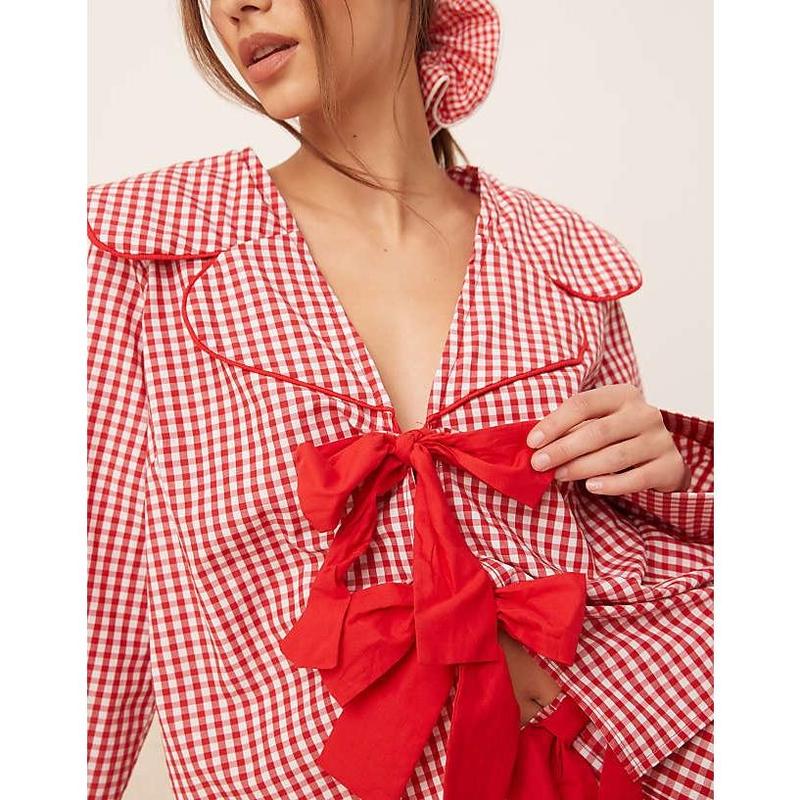 Women Ruffle Pajama Set Long Puff Sleeve Babydoll Shirt Pants Set Gingham 2 Piece Lounge Outfit Sleepwear