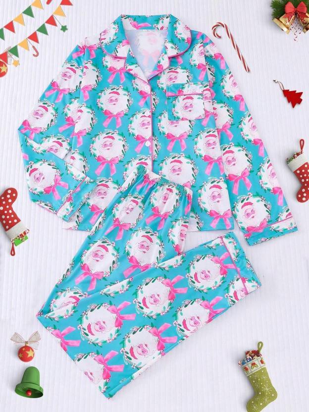 🎄【Christmas】Santa Claus & Bow Print Women's Pajama Set, Comfortable Long Sleeve Cardigan Blouse And Elastic Waist Pants For Holiday Party