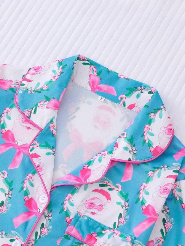 🎄【Christmas】Santa Claus & Bow Print Women's Pajama Set, Comfortable Long Sleeve Cardigan Blouse And Elastic Waist Pants For Holiday Party