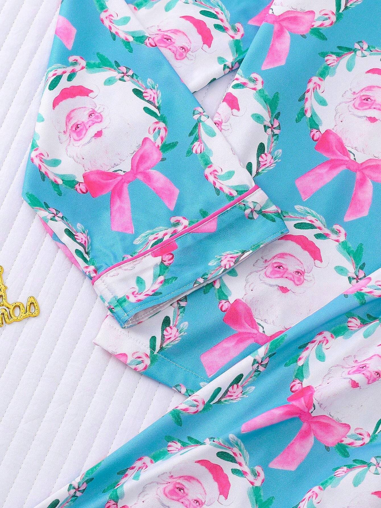 🎄【Christmas】Santa Claus & Bow Print Women's Pajama Set, Comfortable Long Sleeve Cardigan Blouse And Elastic Waist Pants For Holiday Party