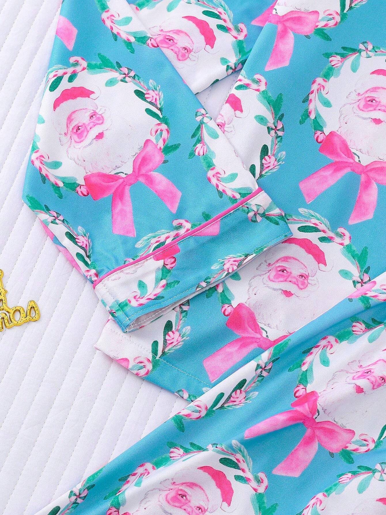 🎄【Christmas】Santa Claus & Bow Print Women's Pajama Set, Comfortable Long Sleeve Cardigan Blouse And Elastic Waist Pants For Holiday Party