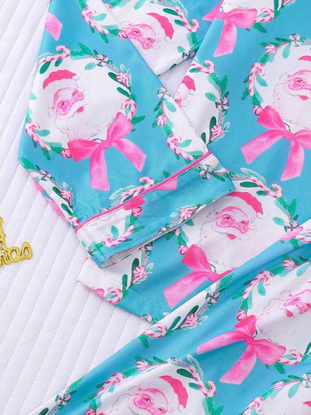 🎄【Christmas】Santa Claus & Bow Print Women's Pajama Set, Comfortable Long Sleeve Cardigan Blouse And Elastic Waist Pants For Holiday Party