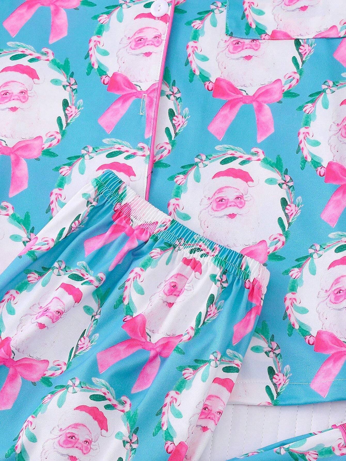 🎄【Christmas】Santa Claus & Bow Print Women's Pajama Set, Comfortable Long Sleeve Cardigan Blouse And Elastic Waist Pants For Holiday Party