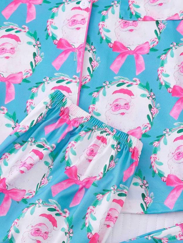 🎄【Christmas】Santa Claus & Bow Print Women's Pajama Set, Comfortable Long Sleeve Cardigan Blouse And Elastic Waist Pants For Holiday Party