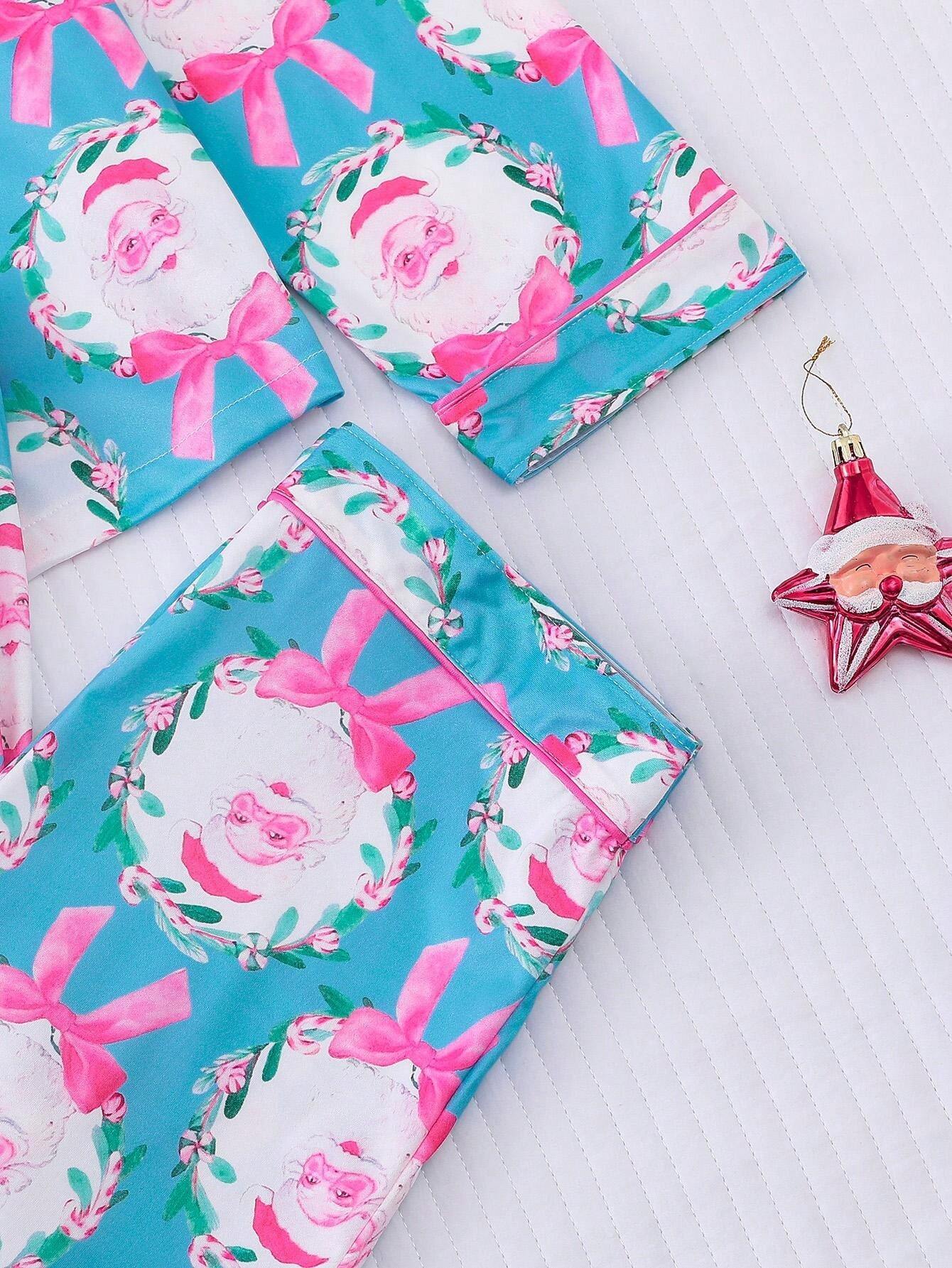 🎄【Christmas】Santa Claus & Bow Print Women's Pajama Set, Comfortable Long Sleeve Cardigan Blouse And Elastic Waist Pants For Holiday Party