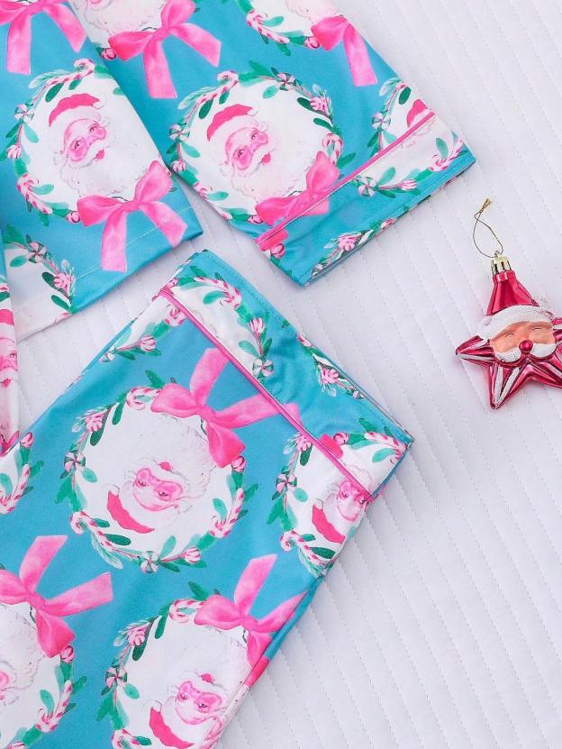 🎄【Christmas】Santa Claus & Bow Print Women's Pajama Set, Comfortable Long Sleeve Cardigan Blouse And Elastic Waist Pants For Holiday Party