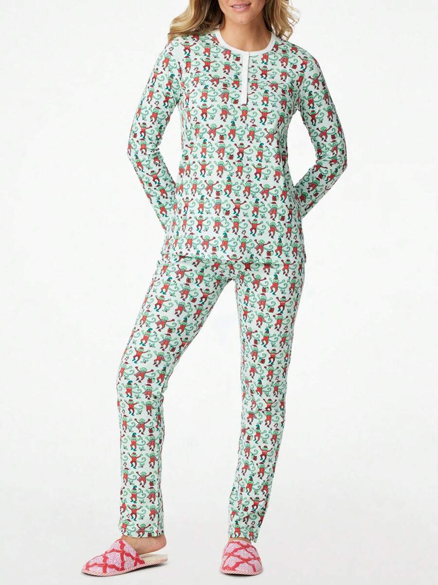 ✨Women Pajama Set, Monkey Print Long Sleeve Button Closure Tops with Pants Sleepwear Loungewear Womenswear Check