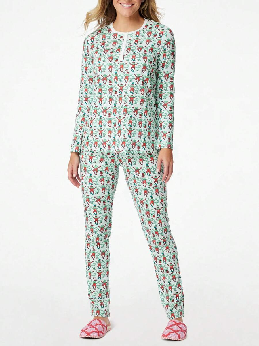 ✨Women Pajama Set, Monkey Print Long Sleeve Button Closure Tops with Pants Sleepwear Loungewear Womenswear Check