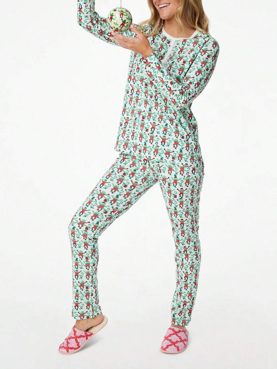 ✨Women Pajama Set, Monkey Print Long Sleeve Button Closure Tops with Pants Sleepwear Loungewear Womenswear Check
