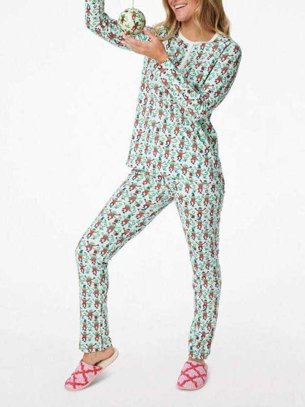 ✨Women Pajama Set, Monkey Print Long Sleeve Button Closure Tops with Pants Sleepwear Loungewear Womenswear Check
