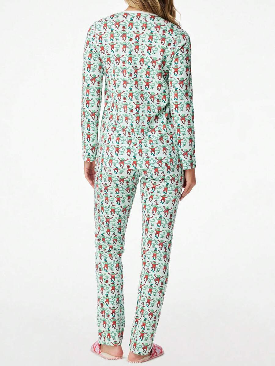 ✨Women Pajama Set, Monkey Print Long Sleeve Button Closure Tops with Pants Sleepwear Loungewear Womenswear Check