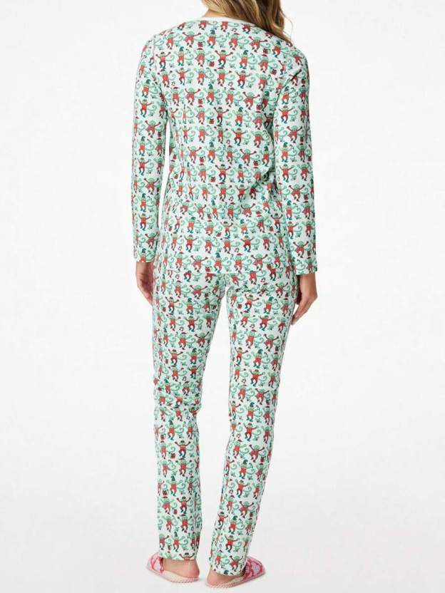✨Women Pajama Set, Monkey Print Long Sleeve Button Closure Tops with Pants Sleepwear Loungewear Womenswear Check